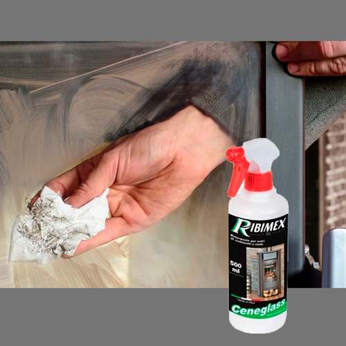 "Limpiador de cristales "Cene" para la limpieza eficaz de la puerta de cristal de una estufa de pellets / leña"